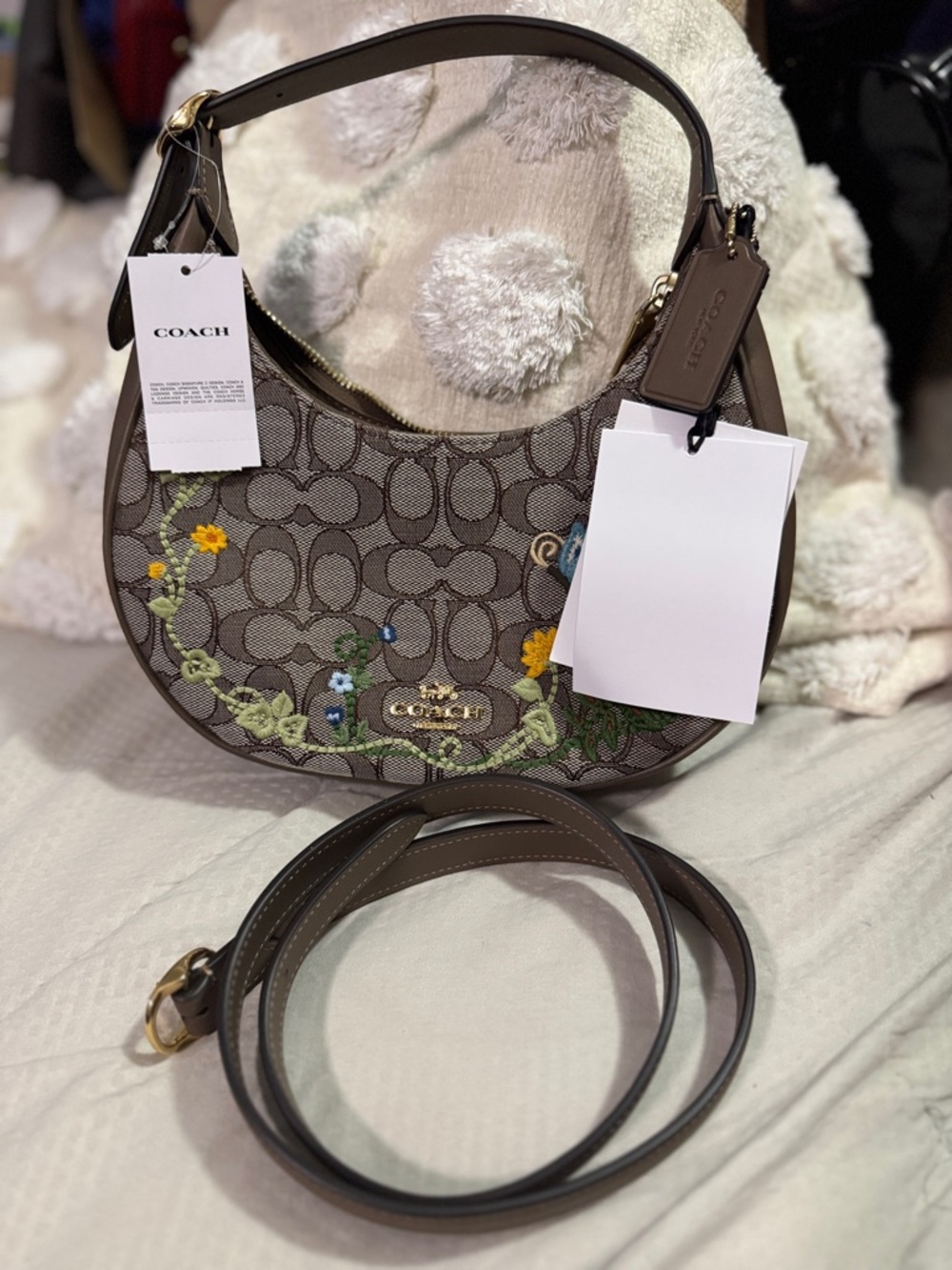 COACH Brown Signature Crescent jacquard  Bag Floral Embroidery Emily new